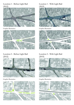 The road layout before and after the light rail system